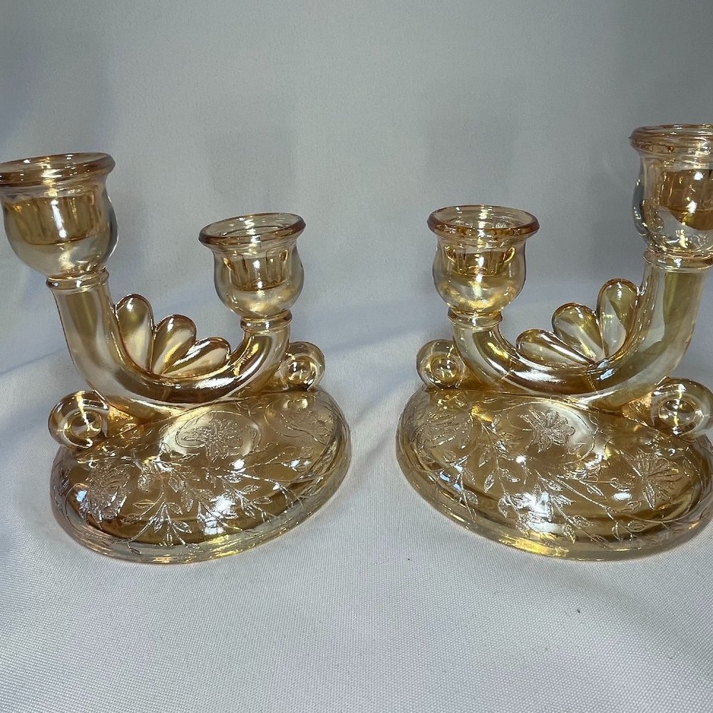 TWO double candlestick holders in the “Floragold or Louisa” depression glass